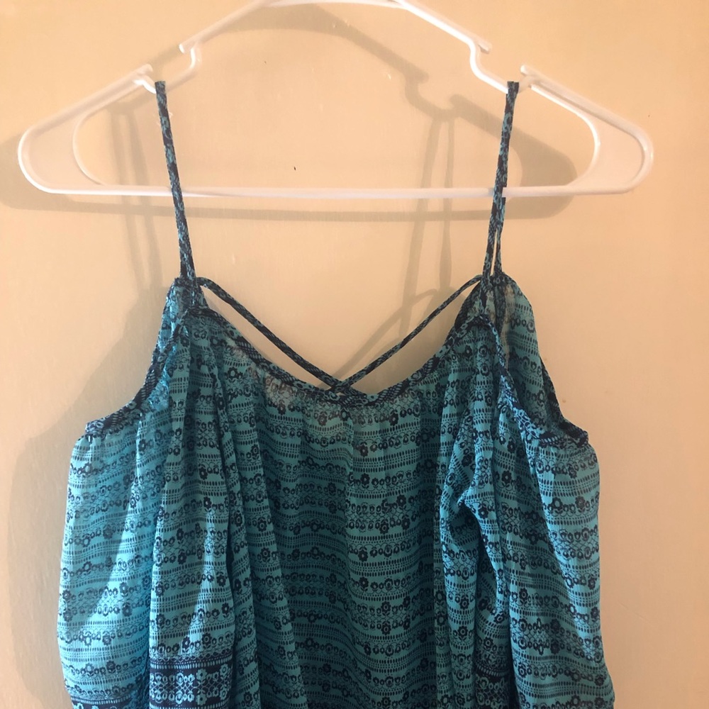 Blue floral cold shoulder shirt